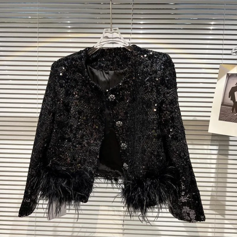 Feather Sparkle Jacket for Women, Hook Flower Coat, Black Top, New  Autumn