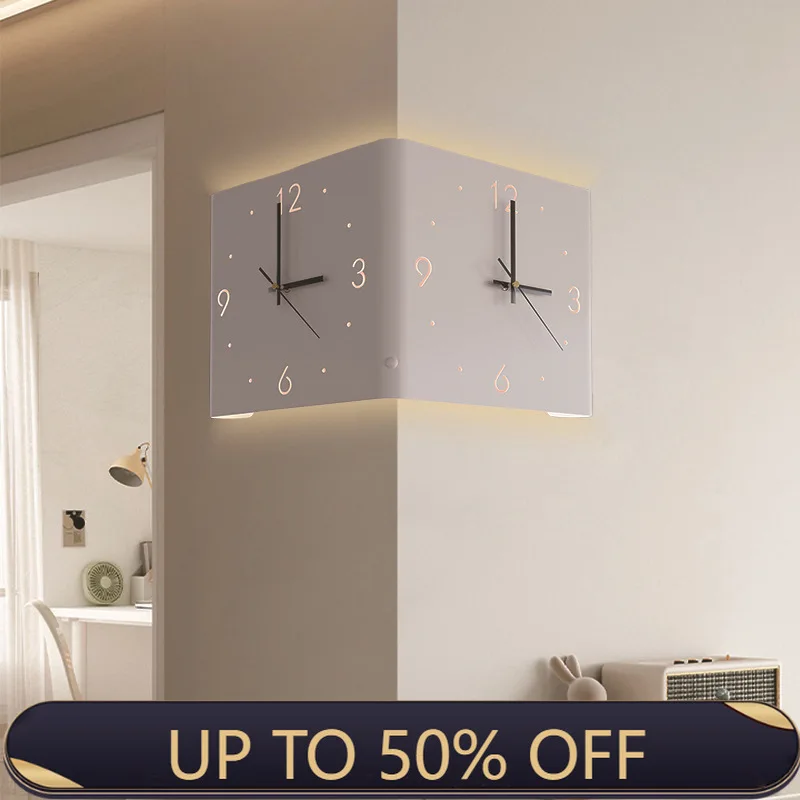 Living Room Wall Mounted Clocks Curved Corner Double Sided Silent Wall Clocks LED Induction Lighting Clock Luxury Design Decor
