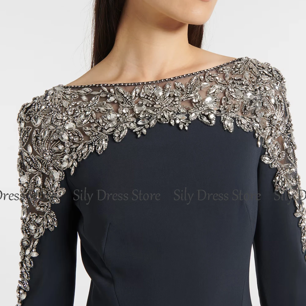 Crystals Luxury Mother Of The Bride Gowns Jersey Mermaid/Trumpet Formal Evening Dress Navy Blue Boat Neck Rhinestones Prom Gown image 4