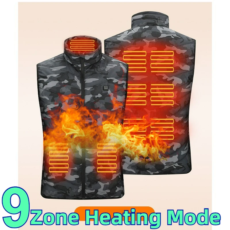 

9 Areas Intelligent Warm Heated Vest Men Outdoor Casual USB Control Constant Temperature Heating Camo Jacket Lightweight Coat