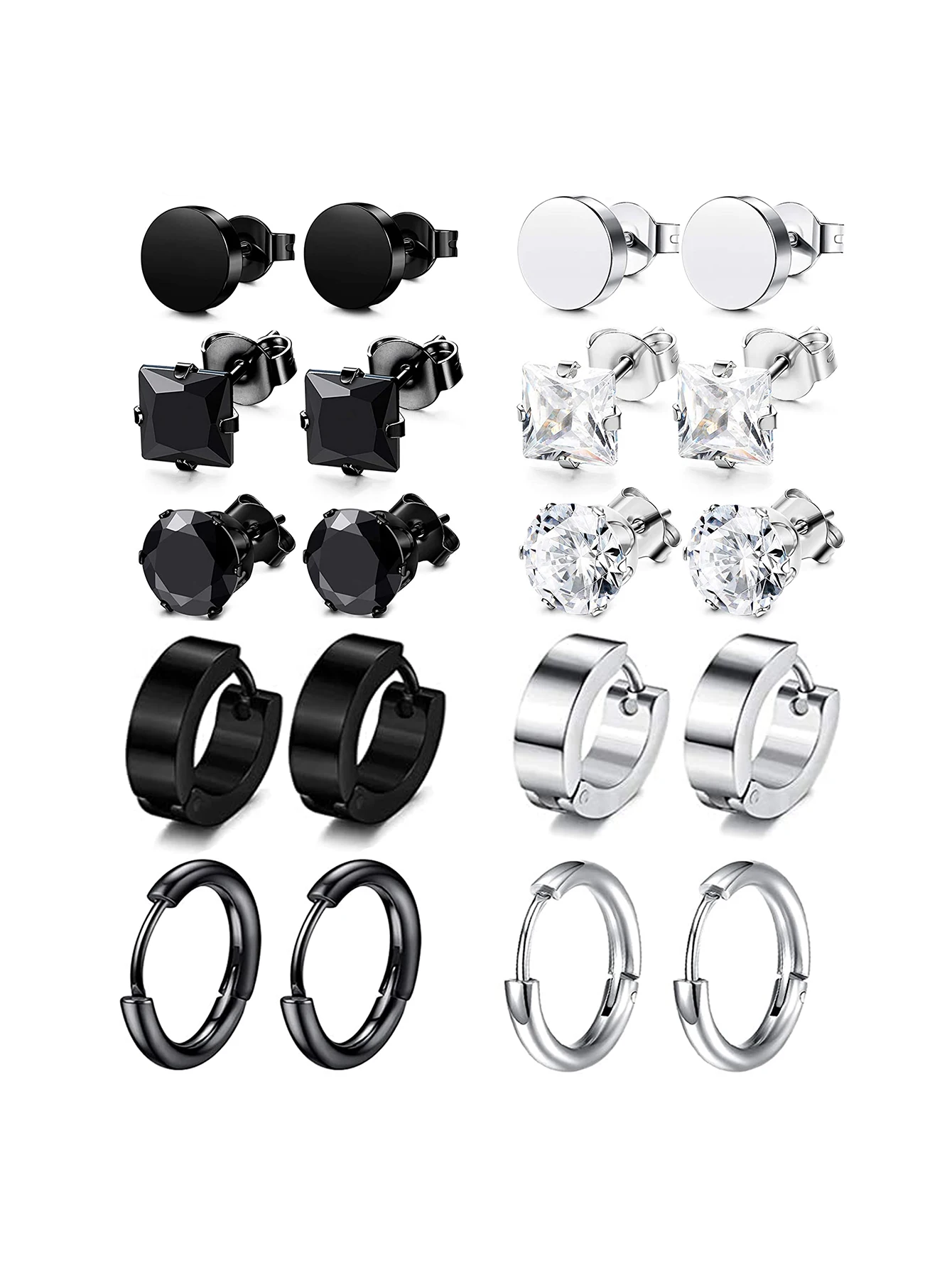 10 pairs of fashionable round zircon dumbbells for men, stainless steel earrings, personalized square micro inlaid female earrin