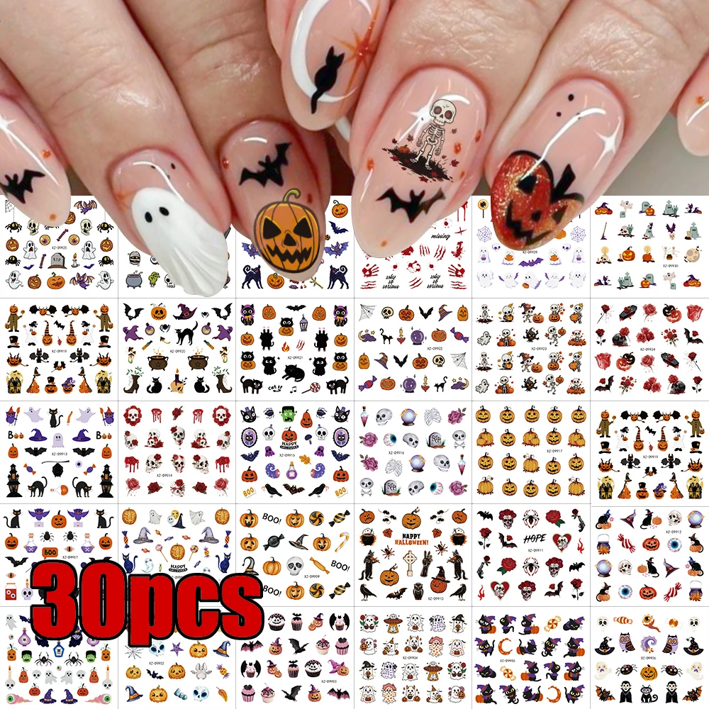 

30pcs Halloween Pumpkin Ghost Nail Art Stickers 3D Cute Cartoon Ghost Skull Bat Black Cat Nail Decals Y2k Festival Manicure Deco