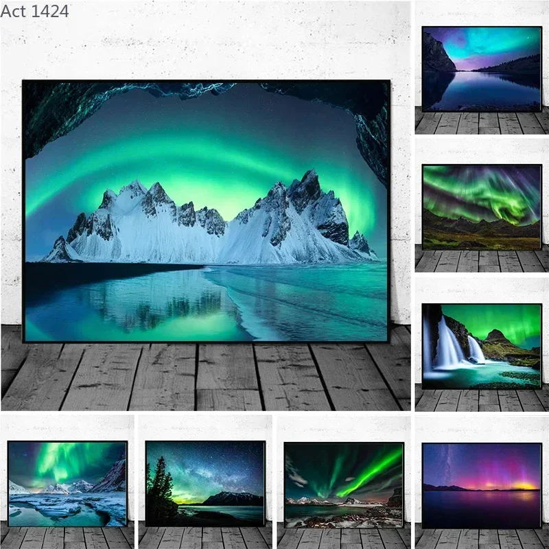 Iceland Aurora Borealis Landscape Poster and Prints Canvas Painting Wall Art Northern Polar Lights Nature Picture for Home De