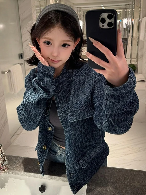 

Korean Vintage Stand Collar Denim Short Jacket Women's Autumn Winter New Style Small Fragrance Style Fashionable Jacket Top T...