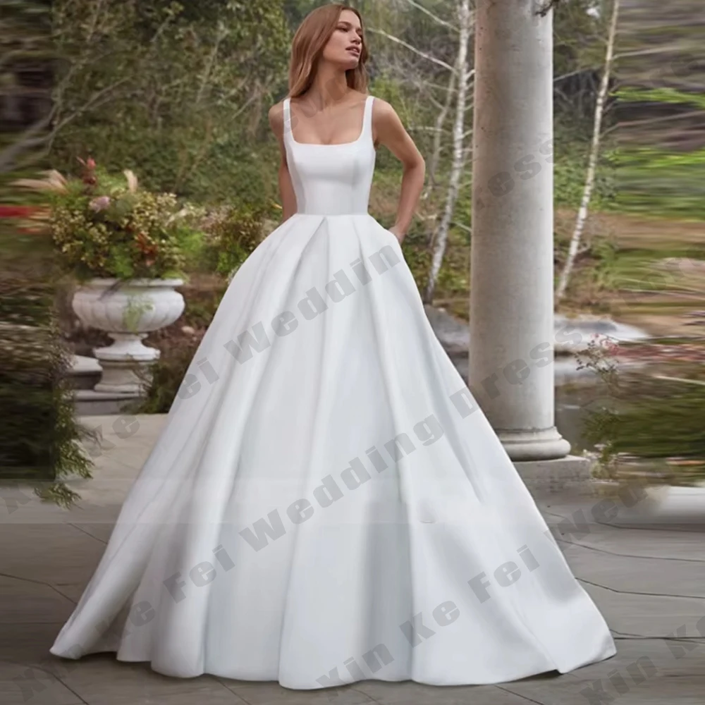

2025 Simple Women's Bridal Gowns Satin A-line Sexy Sleeveless Square Neck Princess Wedding Dresses Formal Party Customized Robe