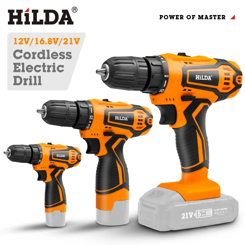 HILDA 12V 16.8V 21V Cordless Drill Electric Screwdriver Mini Wireless Power Driver DC Lithium-Ion Battery Power Tools