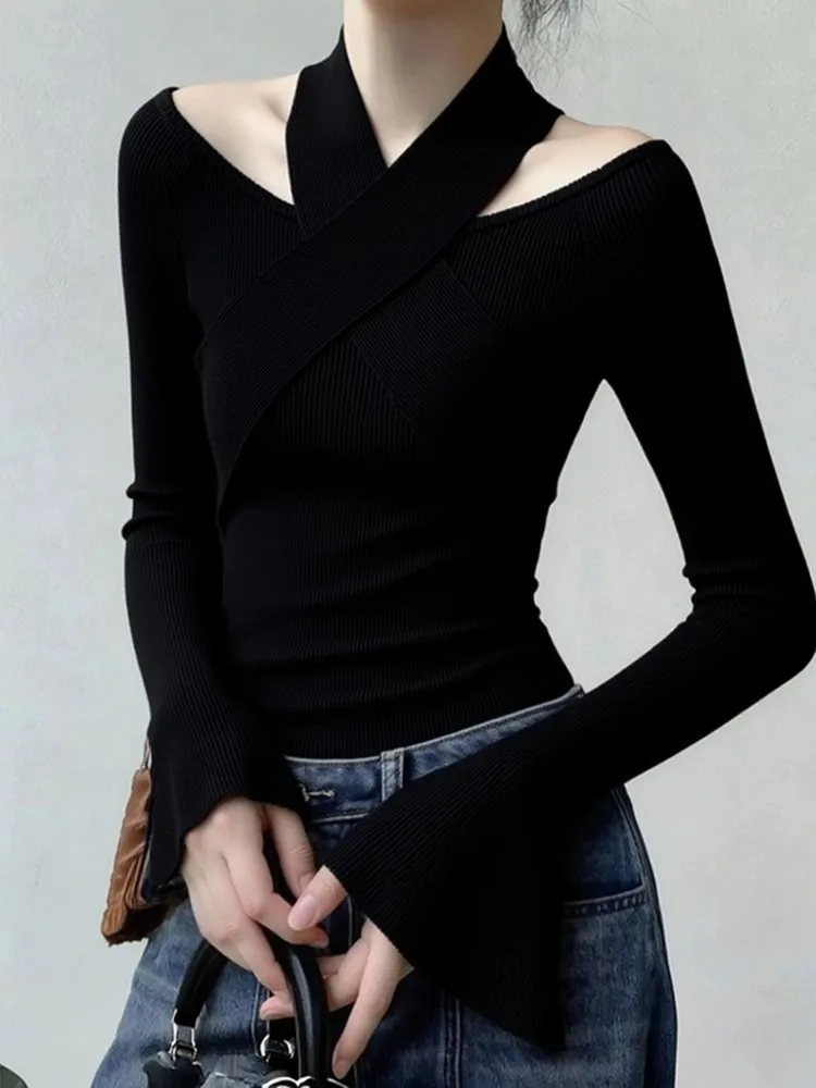 

Зимний однотонный тонкий женский пуловер, модный уличный милый женский пуловер с воротником, черный шикарный топ с длинными рукавами, женский