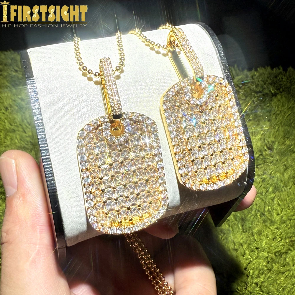 Iced Out Bling Square Label Pendant Necklace For Men Women Gold Color Bead Chain AAA Zircon Charm Hip Hop Jewelry