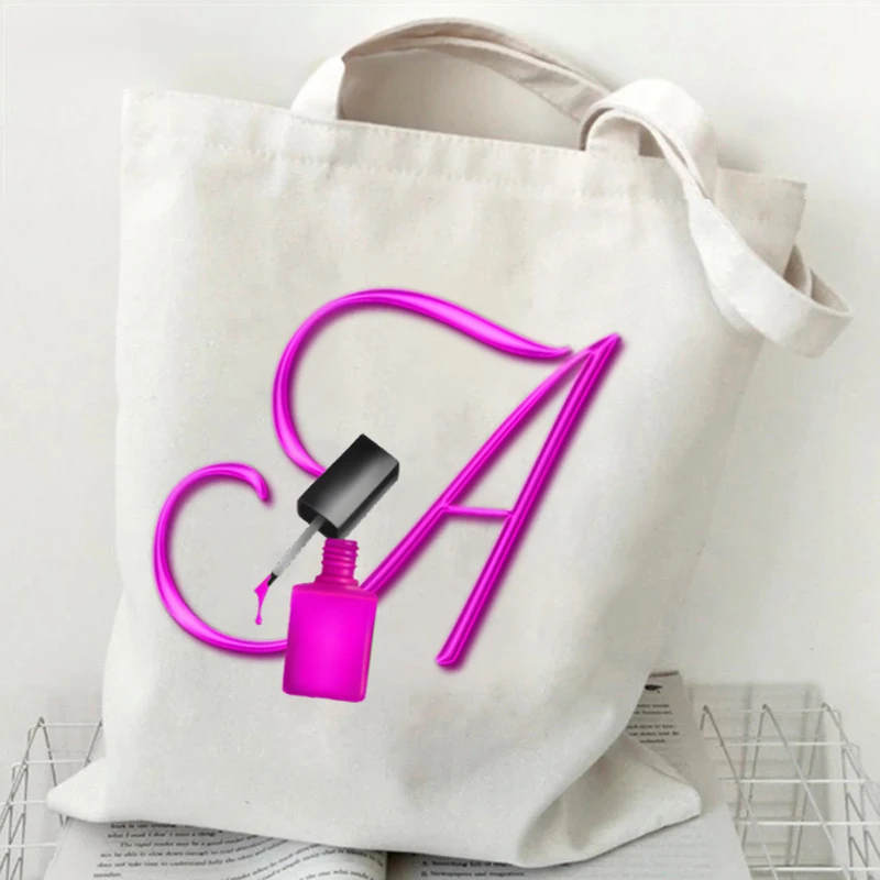 

2023 New Nail Polish Alphabet Print Travel Tote Bags for Lady Vintage Canvas Women's Handbags 26 English Alphabet Shopping Bags