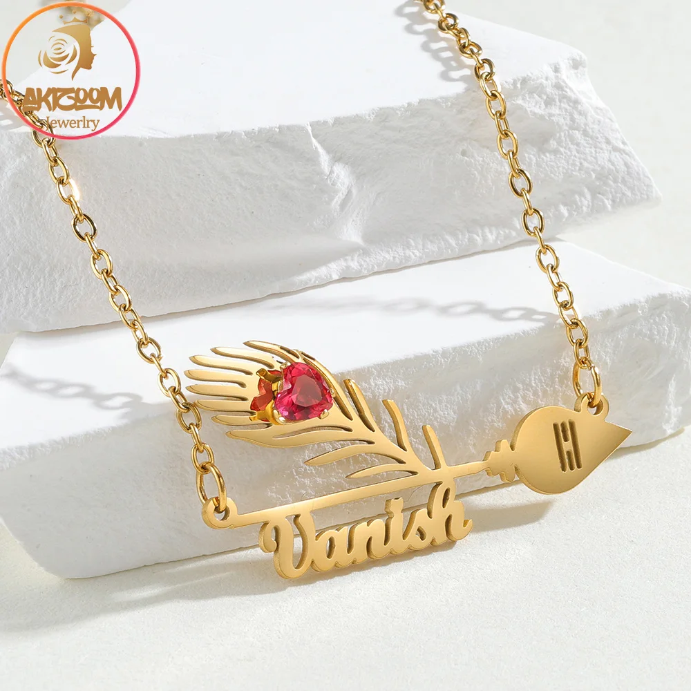 

Akizoom ожерелье с павлиньим пером на заказ для женщин, кулон из нержавеющей стали с битоном, персонализированные рождественские украшения, подарок