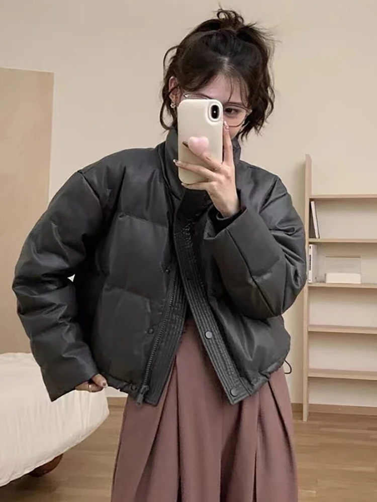 

Утепленная повседневная свободная куртка из искусственной кожи (PU) в корейском стиле с воротником-стойкой, зимний дизайн, хит продаж