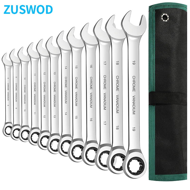 12 Piece Dual-Use Ratchet Wrench Set, 8-19mm Metric Wrench Set, Mirror Polished Chrome Vanadium Steel Combination Wrench Set, 72 Tooth Industrial Household Repair, Professional DIY Car Repair Manual Tool Set