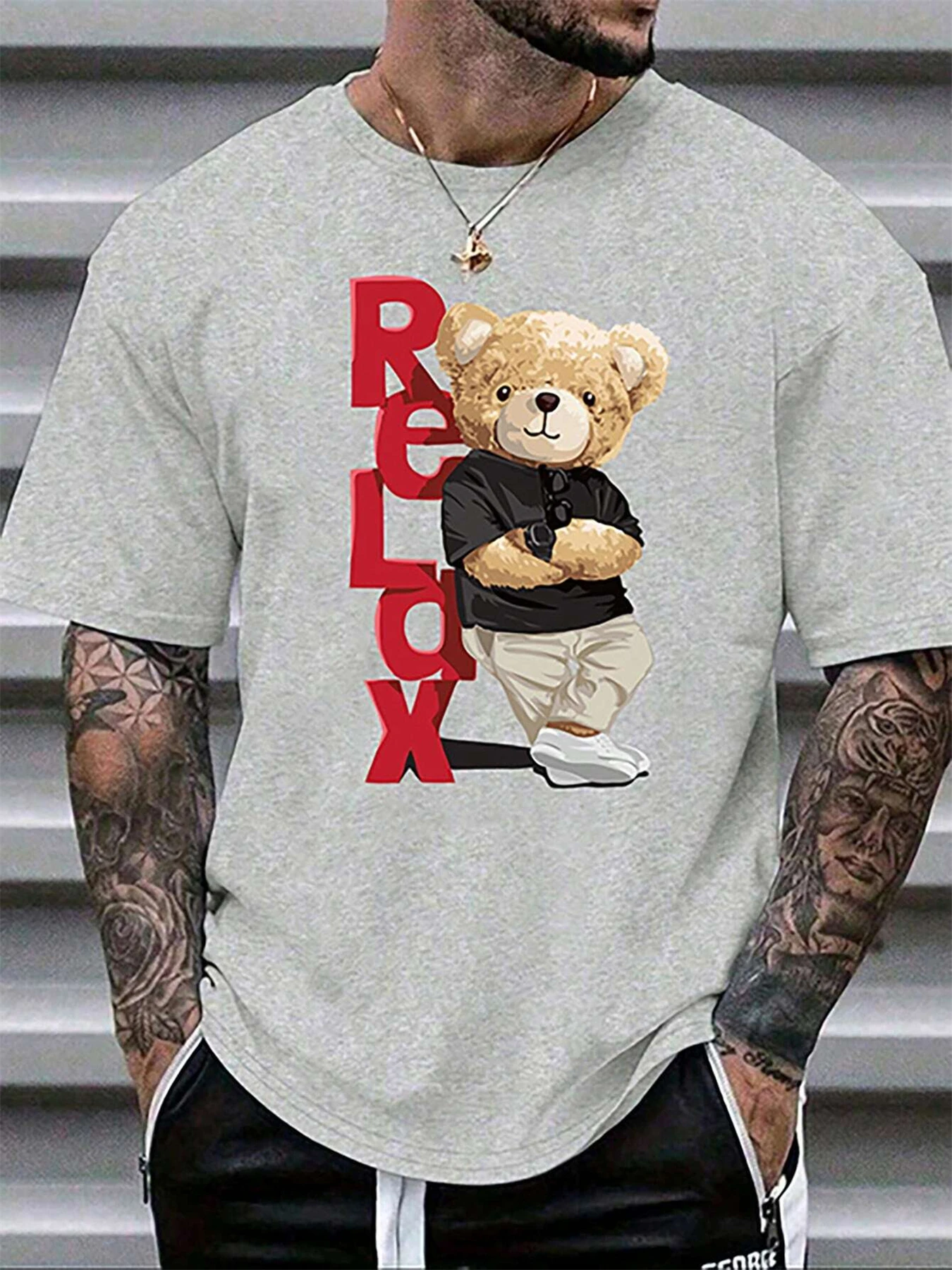 Men's Summer 100% Cotton Fashionable Casual Loose Large Size Letter Bear Printed Sports Round Neck Short Sleeve T-shirt Top image 3
