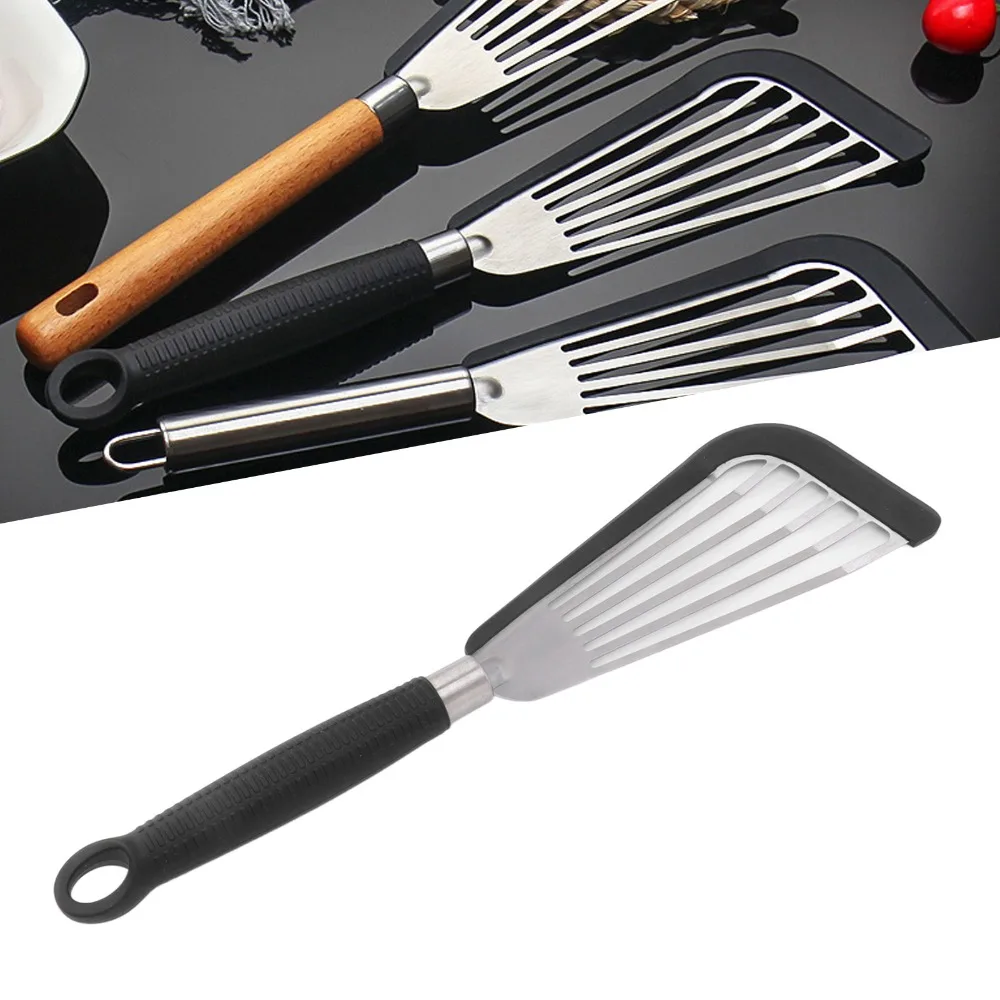 Stainless Steel Silicone Fish Spatula Slot Design Heat Resistant Handle Slotted Spatula Black Grey Inclined Edge