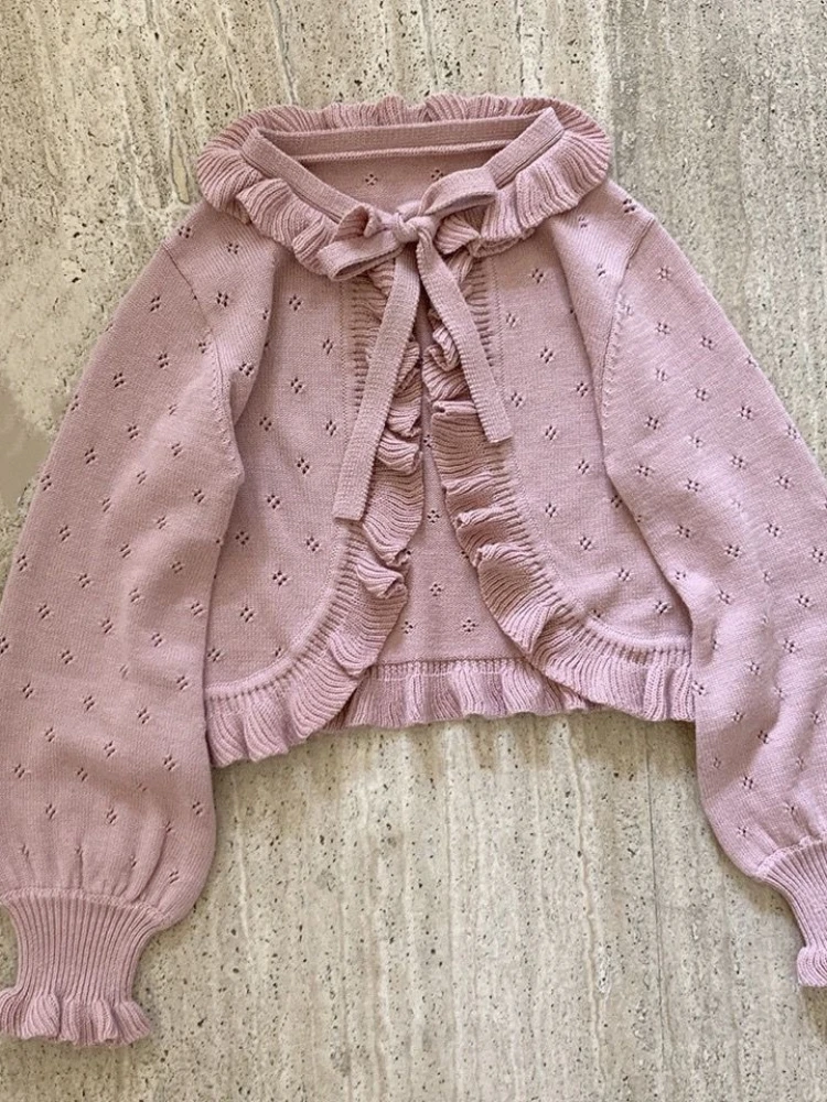 KOSAHISYELLO-Cardigan Lolita Japonais Kawaii pour Femme, Pull Vintage à Manches Lanternes, à Volants Fins, Manteau avec Espèce de Kardigany, Mignon Y-Girls