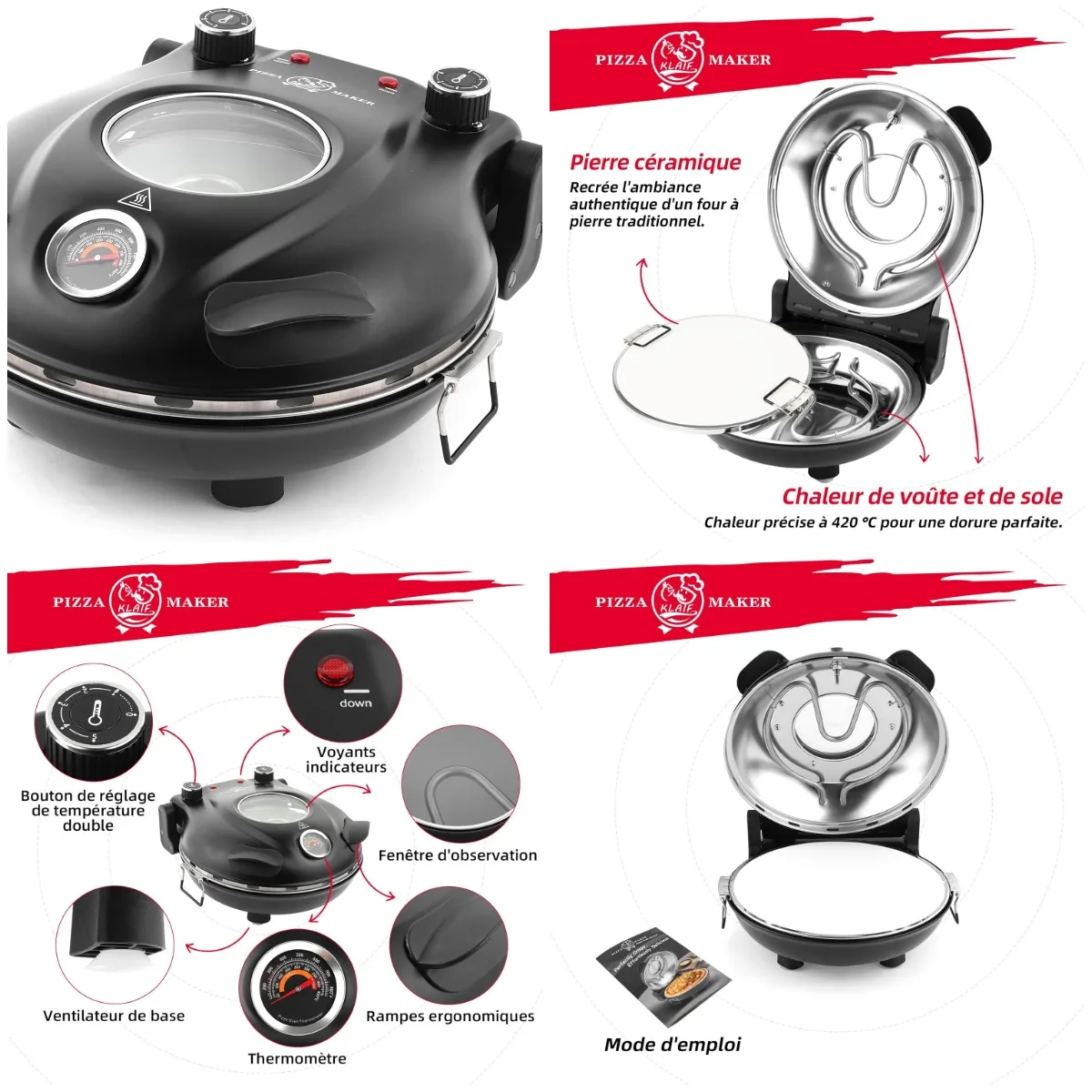 Elektrischer Pizzaofen mit Keramikstein, 31 cm, 4-Minuten-Koch, 5 Temperatureinstellungen bis 420 ° C, Sichtbares Thermometer, Glasfenster,
