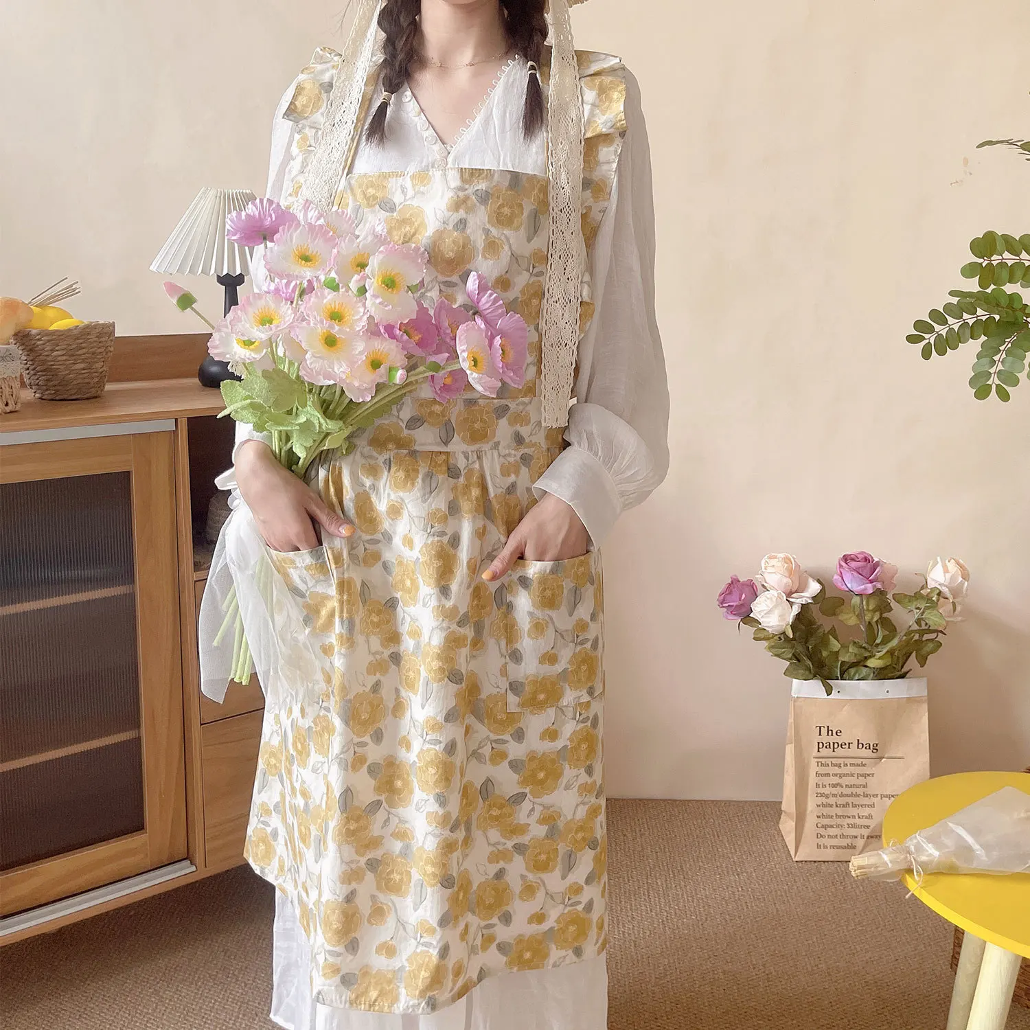 Cotton apron cute princess style wearing small floral apron outside fashionable thin style ins high beauty home use P2