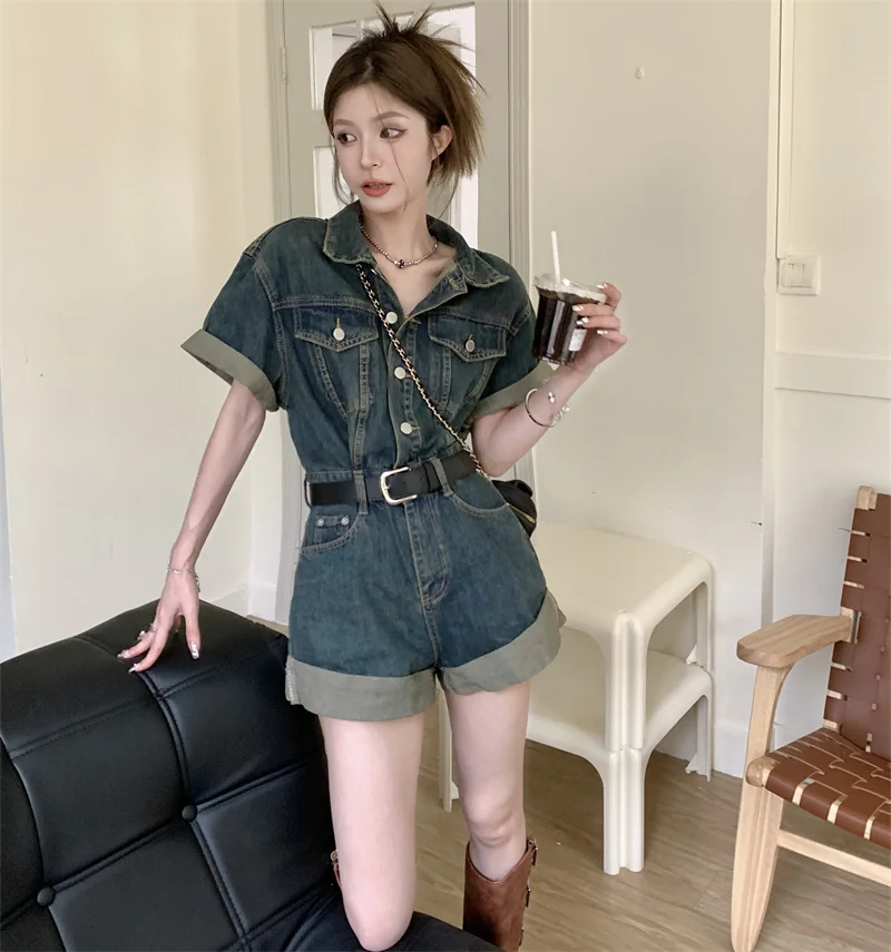 Denim Jumpsuit For Women Retro Blue Short Sleeve Rolled Edge Shorts Women's Summer Slimming Wide Leg Short Jumpsuit Street Wear