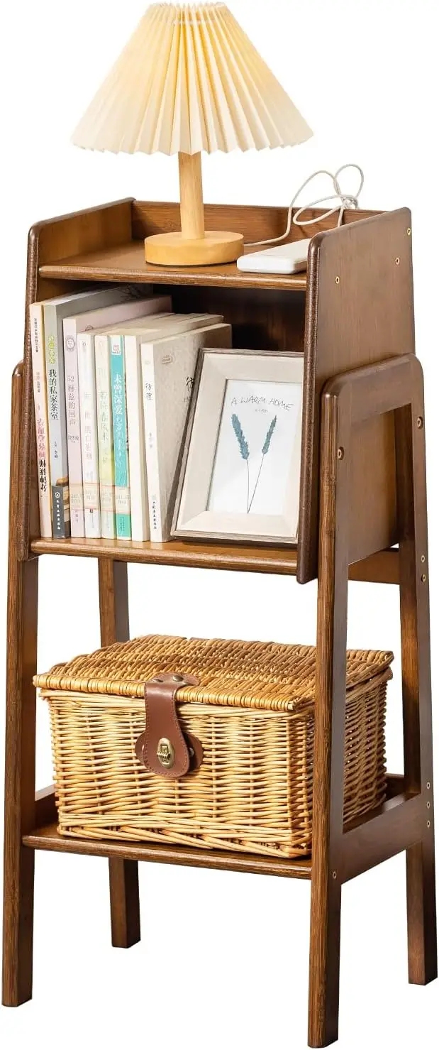 

Bamboo Bookcase with Cabinet, Natural End Table with 1-Tier Storage Shelf, Modern Bedside Organizer Side Table for Bedro