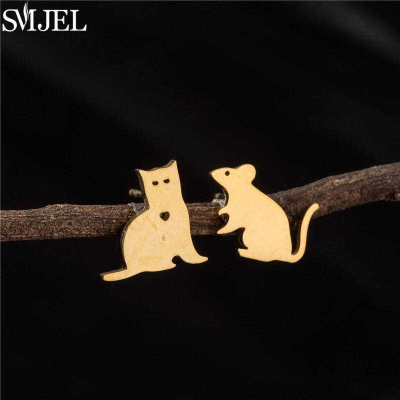 Cartoon Animal Cat Mouse Stud Earrings for Women Fashion Happy Kitten Earings Stainless Steel Piercing Ear Studs Funny Oorbellen