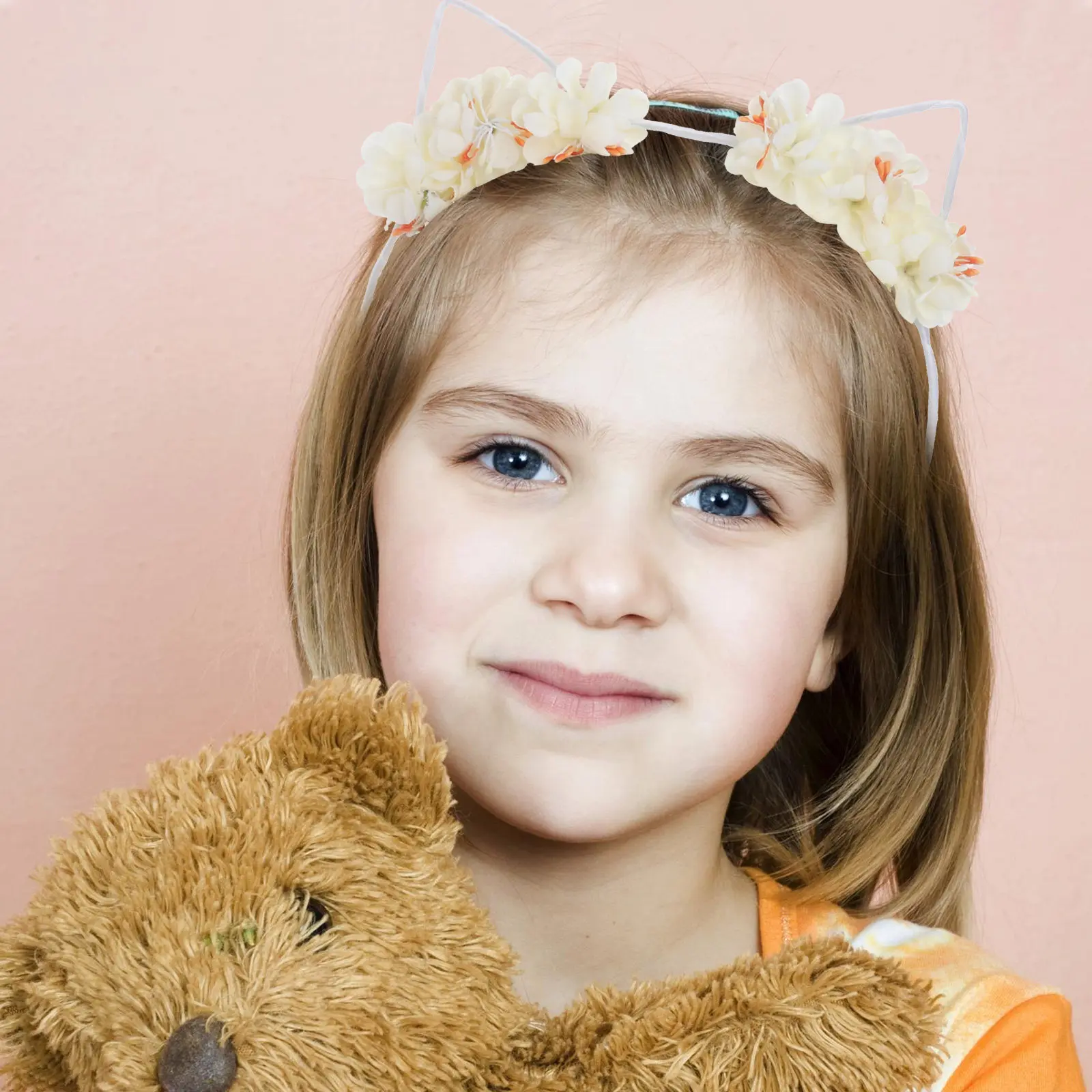 Diadema con Orejas de Gato Blanco Crema 31-06, Material Premium, Diseño Kawaii para Mujer, Aro para el Cabello con Flores Artificiales para Uso Diario