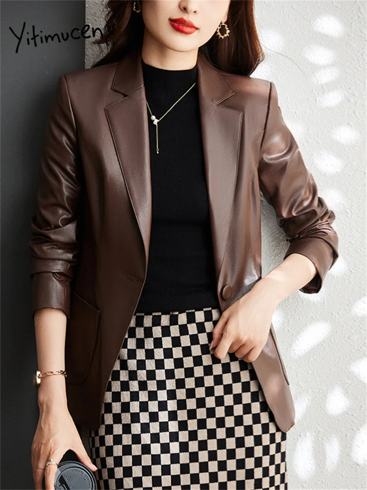 Yitimuceng Solid Leather Blazer for Women 2023 Fall Winter New Vintage Turn Down Collar Jackes Office Ladies Casual Chic Coats