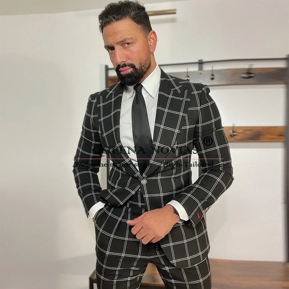 Classic Plaid Check Suits Men Single Breasted Jacket Pants 2 Pieces Groom Wedding Party Tuxedos Customized Male Outfits Blazers