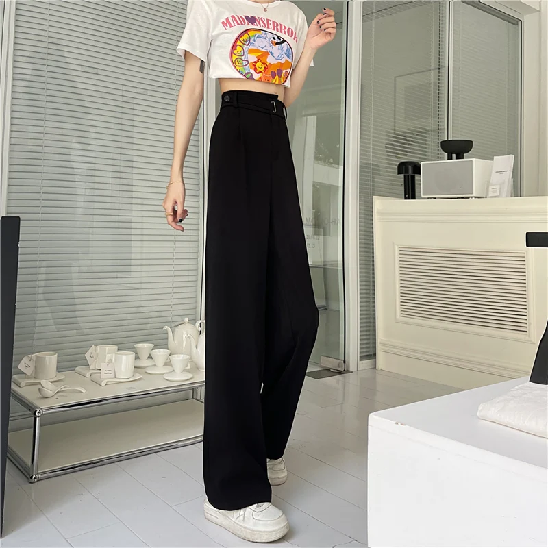 S-5XL Black Pants Women Pure Design Asymmetrical High Waist Straight Simple Elegant Summer Daily Basic Ulzzang Trouser All-match