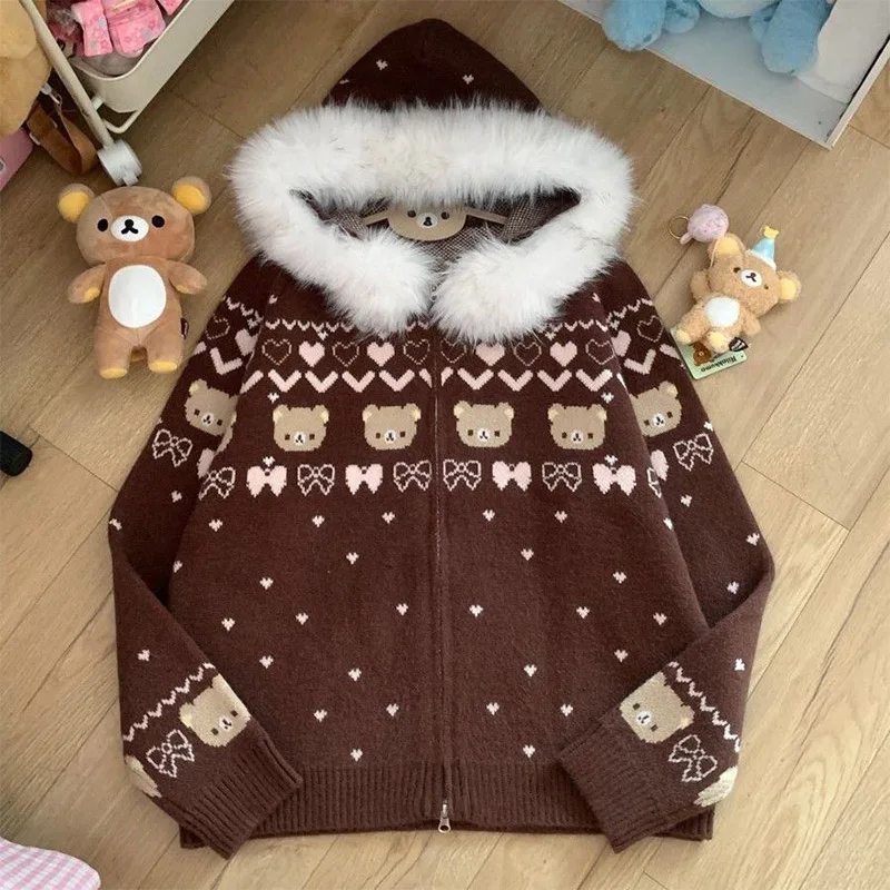 

Kawaii Rilakkuma милый свитер осень-зима толстая куртка с капюшоном для женщин толстовка с капюшоном для мальчиков Y2k девочек плюшевая одежда подарки