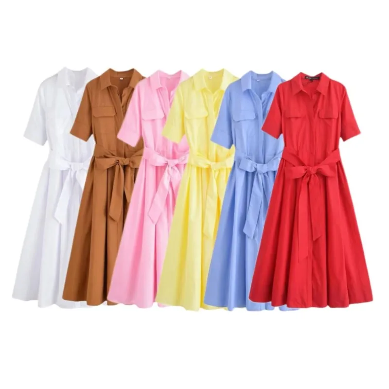 Women Long dress With Belt Spring Poplin Lady Short Sleeve Dress Pocket Women's Midi Dress Side Zipper Female Dresses