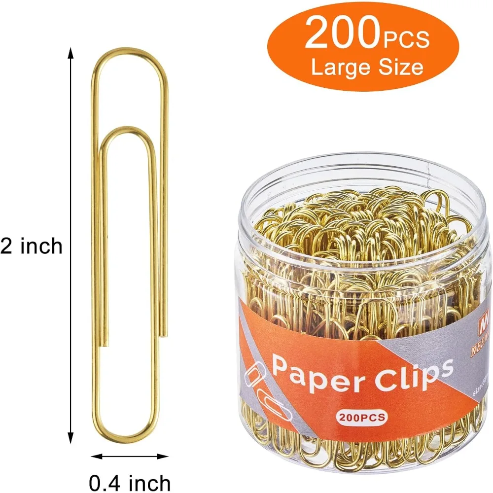 Jumbo Gold Paper Clips, 2 Inch Large Size, 200 Count, Shiny Gold-Plated for Documents, Crafts, and Bookmarking