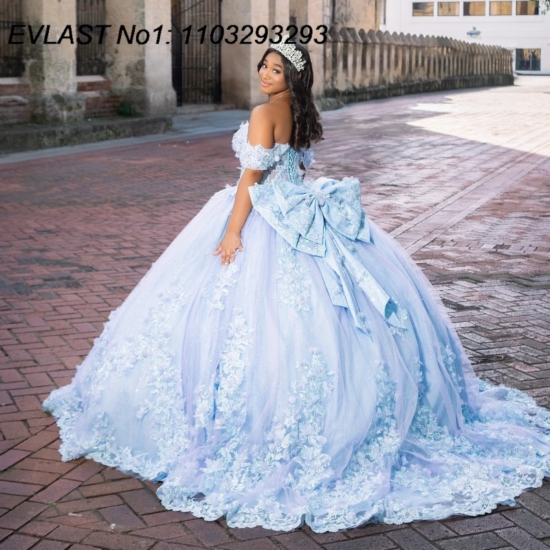 EVLAST Customized Lavender Sky Blue Ball Gown Quinceanera Dress Lace Applique Crystal Beaded Sweet 16 Vestidos De 15 Anos E1Q636