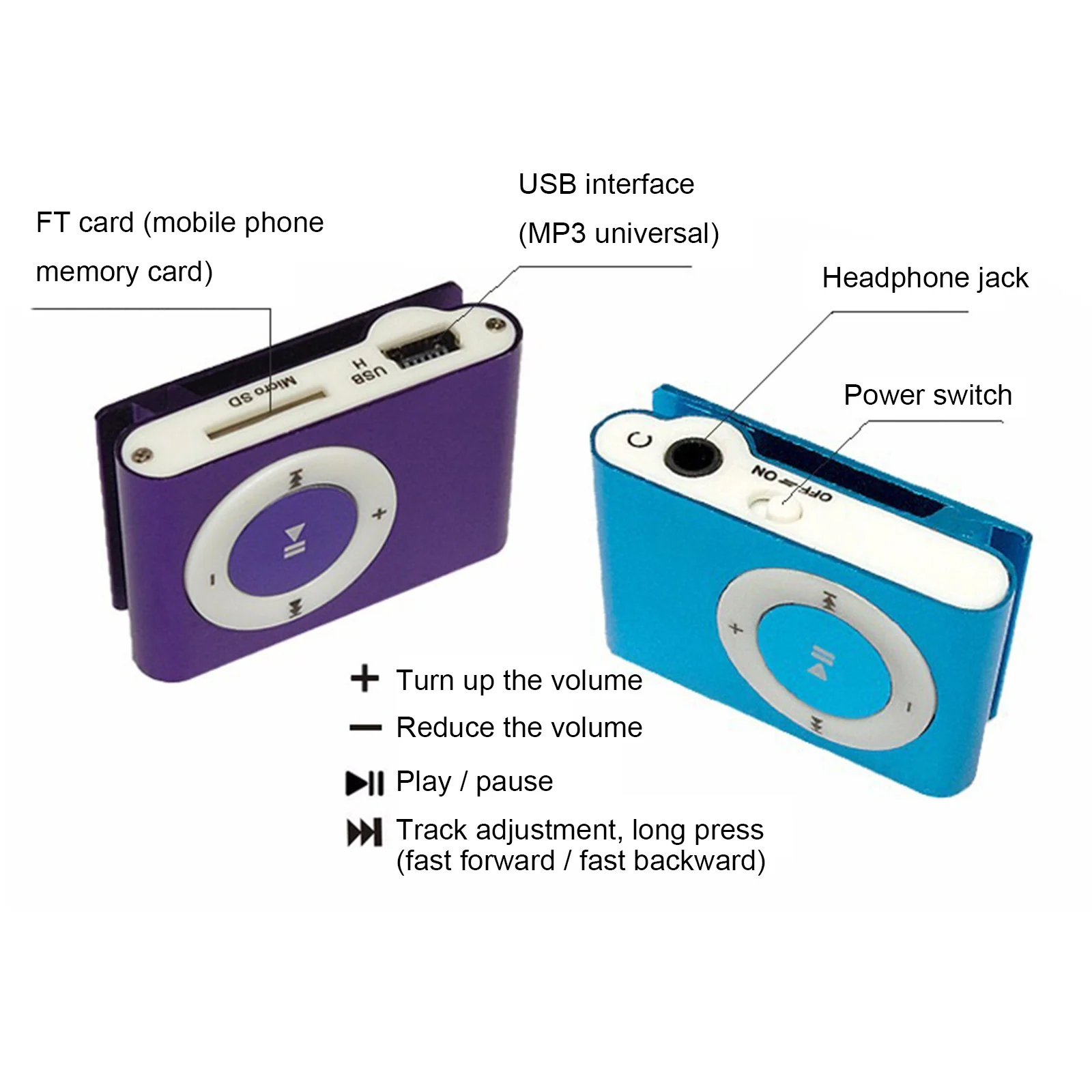 مشغل MP3 USB صغير محمول، مشبك صغير MP3 مقاوم للماء، مشغل موسيقى Mp3 معدني مدمج مع فتحة بطاقة TF #6