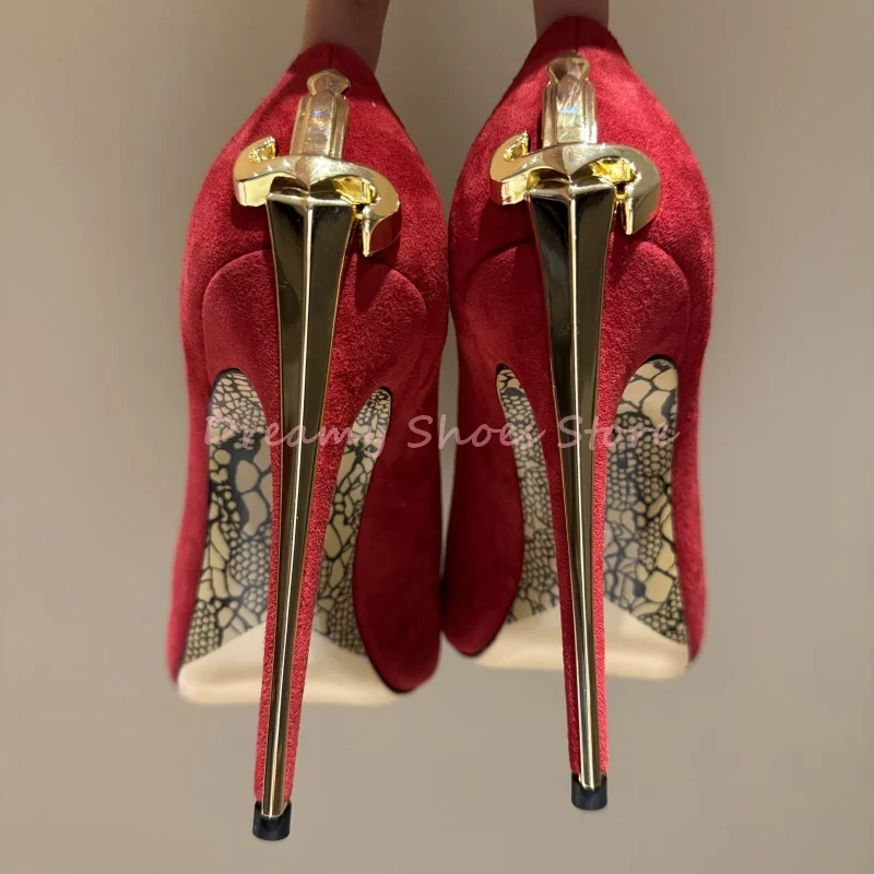 Красные замшевые туфли-лодочки на шпильке в форме меча, женские туфли без шнуровки на высоком каблуке с кристаллами, роскошная модная женская обувь для вечеринок и банкетов, новинка