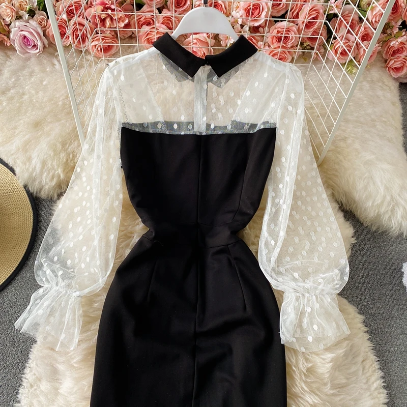 2024 Spring Autumn New Royal Elegant Lace Dress Light Mature  Celebrity Waist Slimming Mesh Splice Wrap Hip Dress Dress