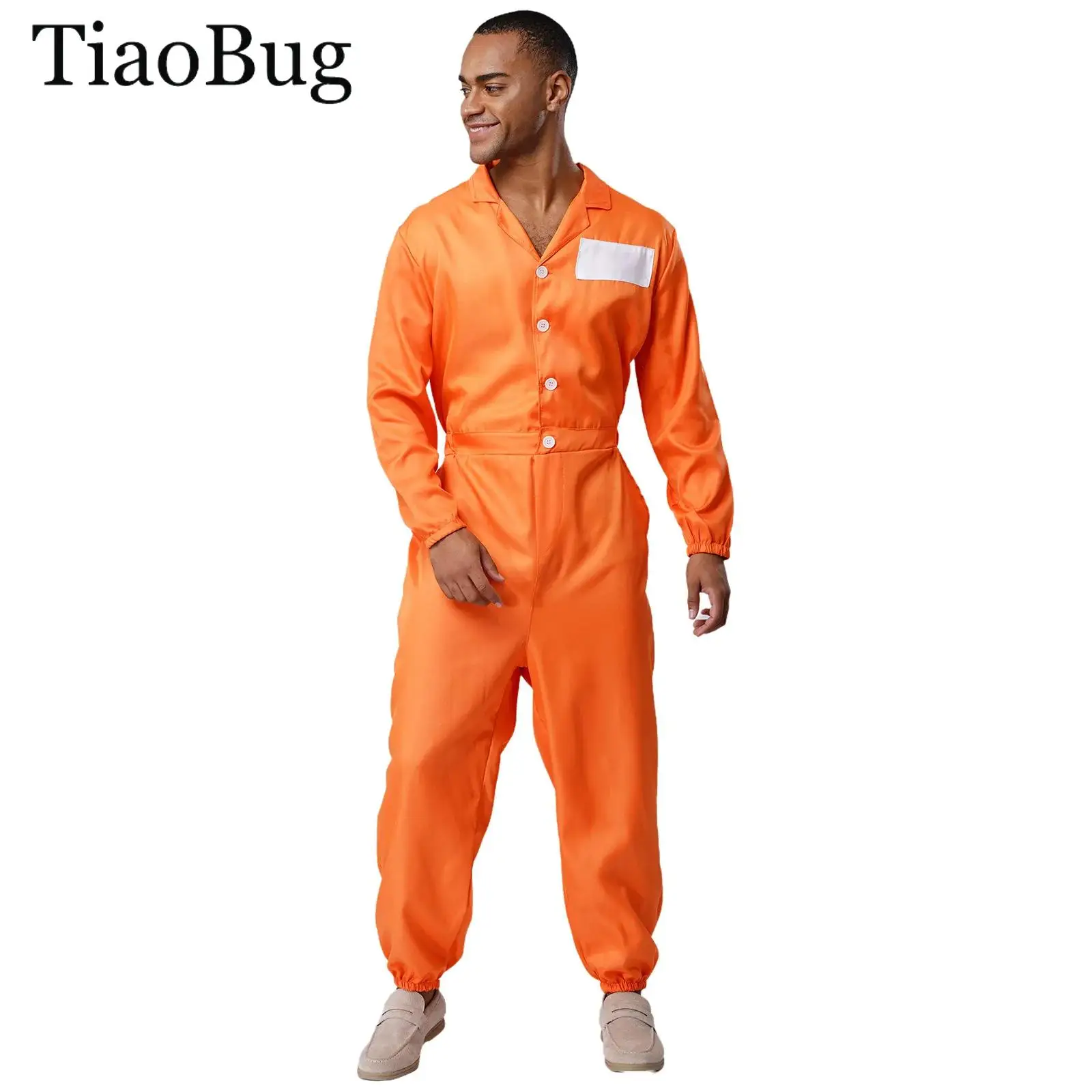 Combinaison de Cosplay de prisonnier d'halloween, Costumes pour adultes, revers à manches longues, une pièce, uniformes de prisonnier Orange pour hommes