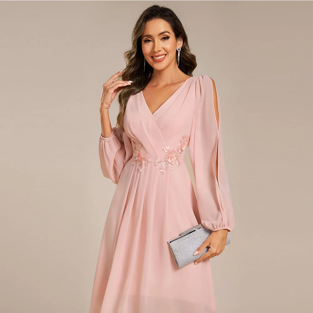 カスタマイズされた花嫁の母のドレス女性のシフォンランタン長袖プリーツアップリケミディ丈セミフォーマルドレス