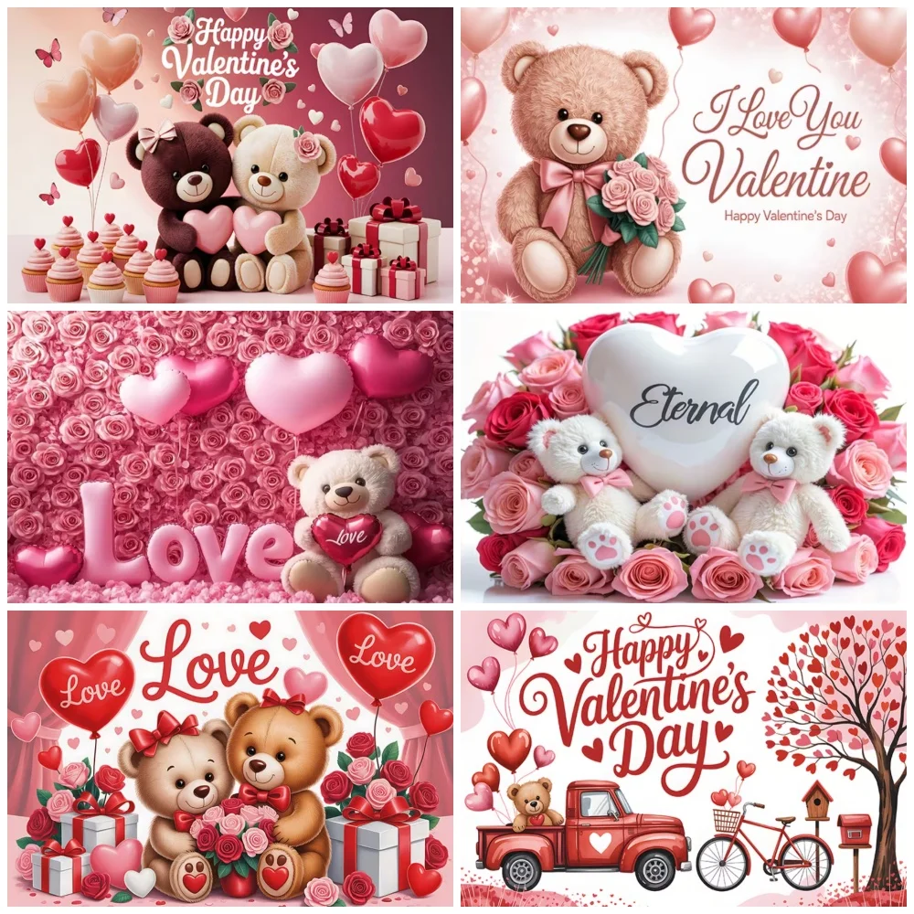 

Love Heart Teddy Bear Valentines Day Party Decoration Backdrop Red Flowers Wedding Anniversary Background Supplies Photo Studio