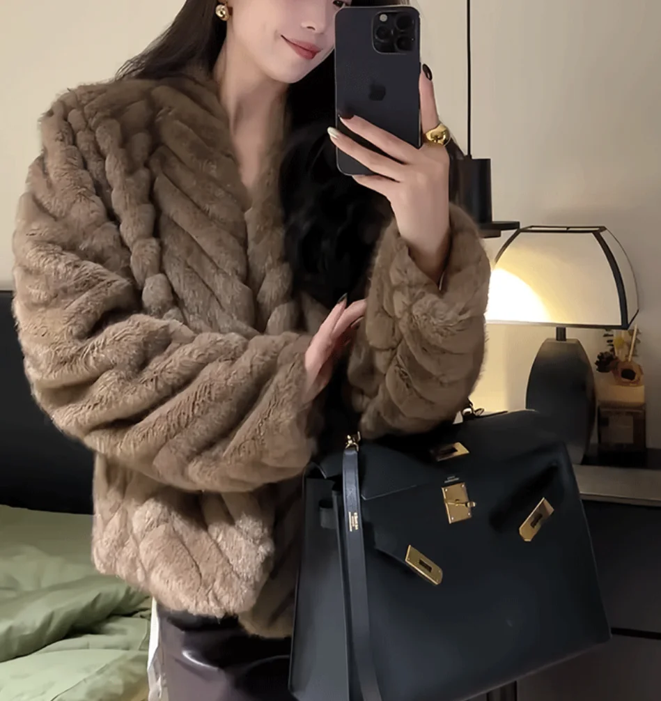 Elegant V Neck Herringbone Short Faux Mink Fur Jacket Women Long Sleeve Plush Jackets Woman Autumn Winter Fluffy Warm Outerwear