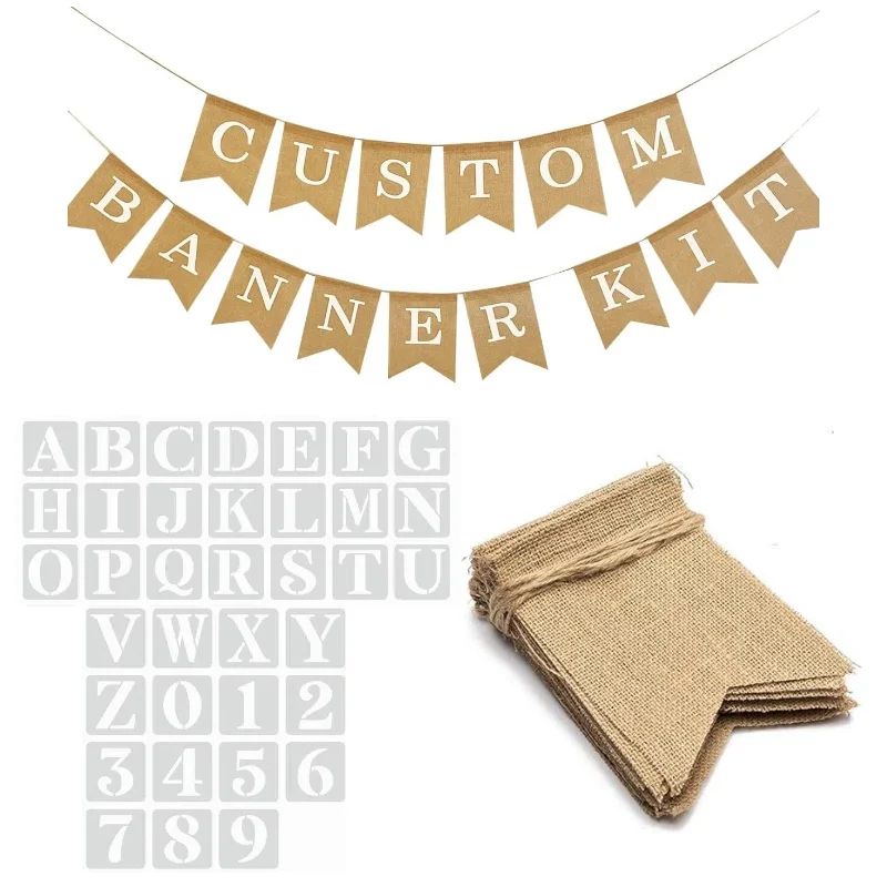 

30PCS DIY Burlap Banner with Letter Stencils Burlap Flag Blank Design Swallowtail Flags Birthday Wedding Party Baby Shower Decor