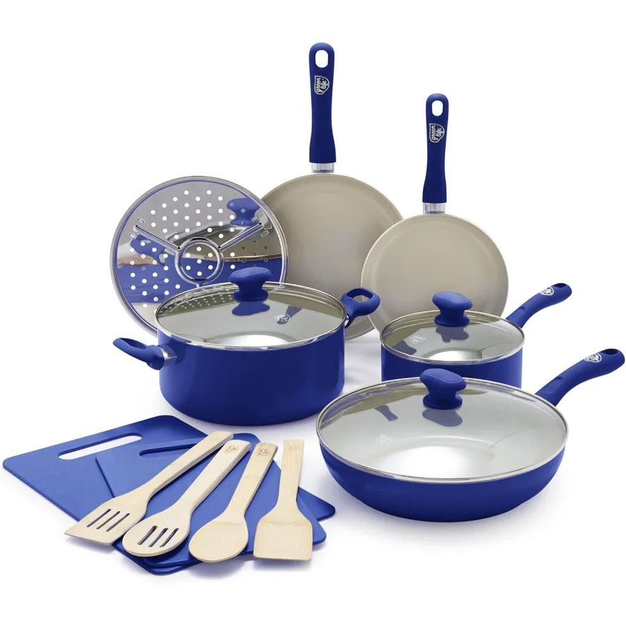 

Sandstone Healthy Керамическая антипригарная посуда из 15 предметов, кастрюли и сковороды для соуса, набор PFAS, можно мыть в посудомоечной машине, синий
