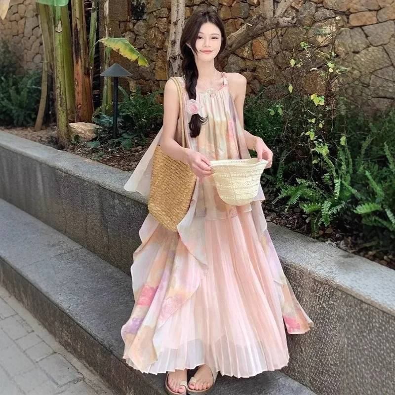 

Плиссированное сетчатое длинное платье в пляжном стиле для женщин, новинка лета 2026, с эффектом масляной живописи