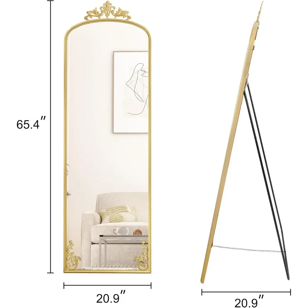 

65 inches x 21 inches gold floor length Arched full-length mirror with carved metal frame, with bracket, full body mirror