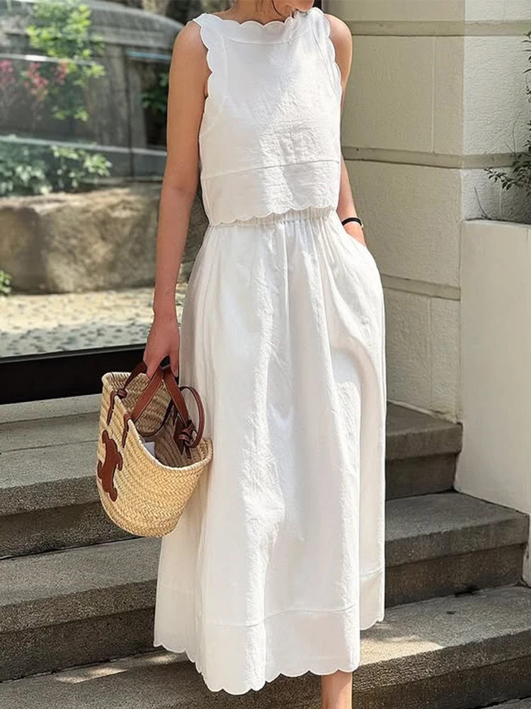 

Clothland Women Sweet White Black Lace Suit Sleeveless Crop Top Elastic Waist Midi Skirts Female Cute Two Piece Set TA678