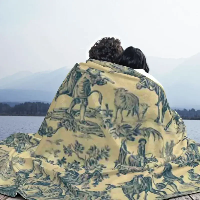

Toile De Jouy Print Blankets Flannel Hunting Scenes Vintage Floral Motifs Throw Blanket for Home Sofa Office Travel Quilt