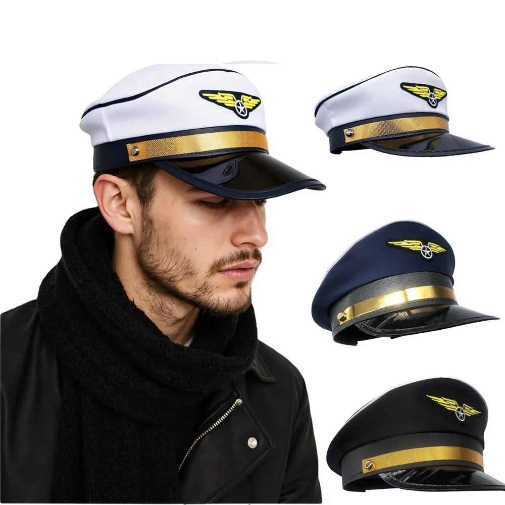 Men Uniforms Costume Party Cosplay Hat Stage Perform Flat Captain Pilot Cap for Men Women