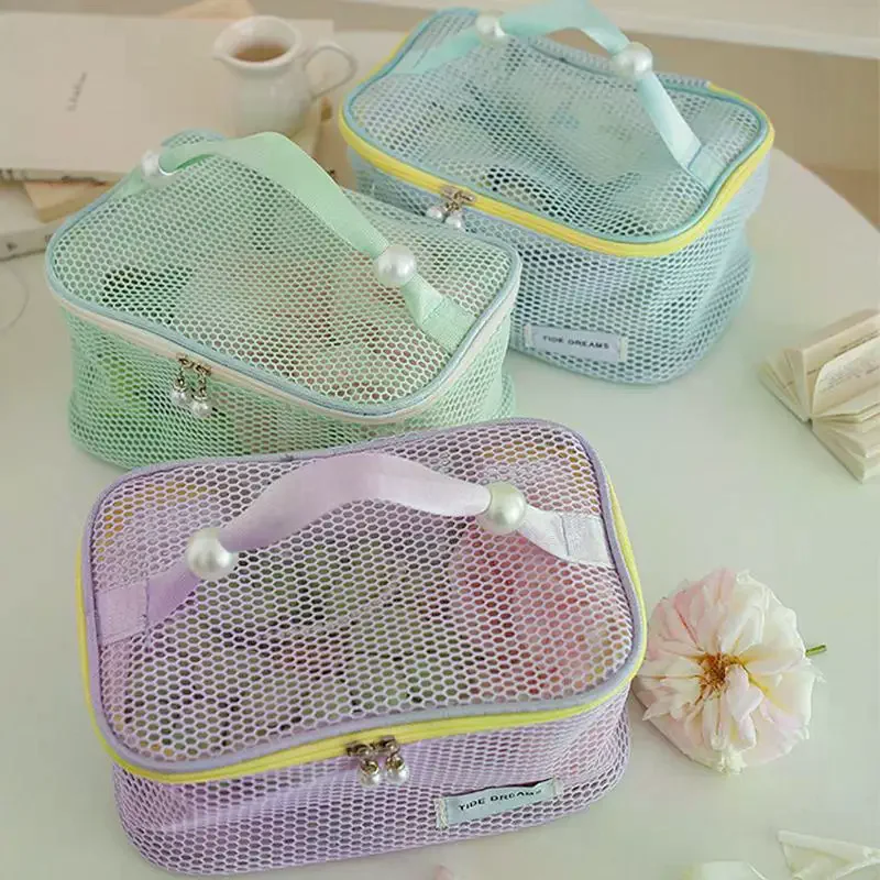 Portable Mesh Cosmetic Bag Travel Toiletry Bag Dopamine Pearl Zipper Bag Large Capacity Cosmetic Storage Pouch Makeup Organizer
