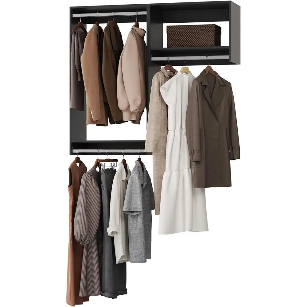 

52 Wall-Mounted Wooden Closet Organizer with Hanging Rods, Storage Kit for Tower or Walk-In Wardrobes, Black