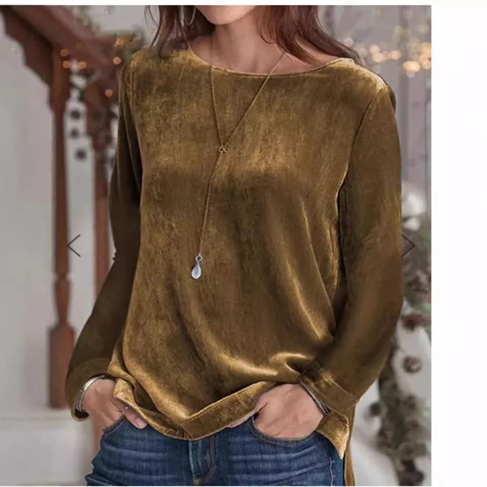 Pullover Velvet Sweatshirt Solid Color Casual Round Neck Long Sleeve Tops for Women