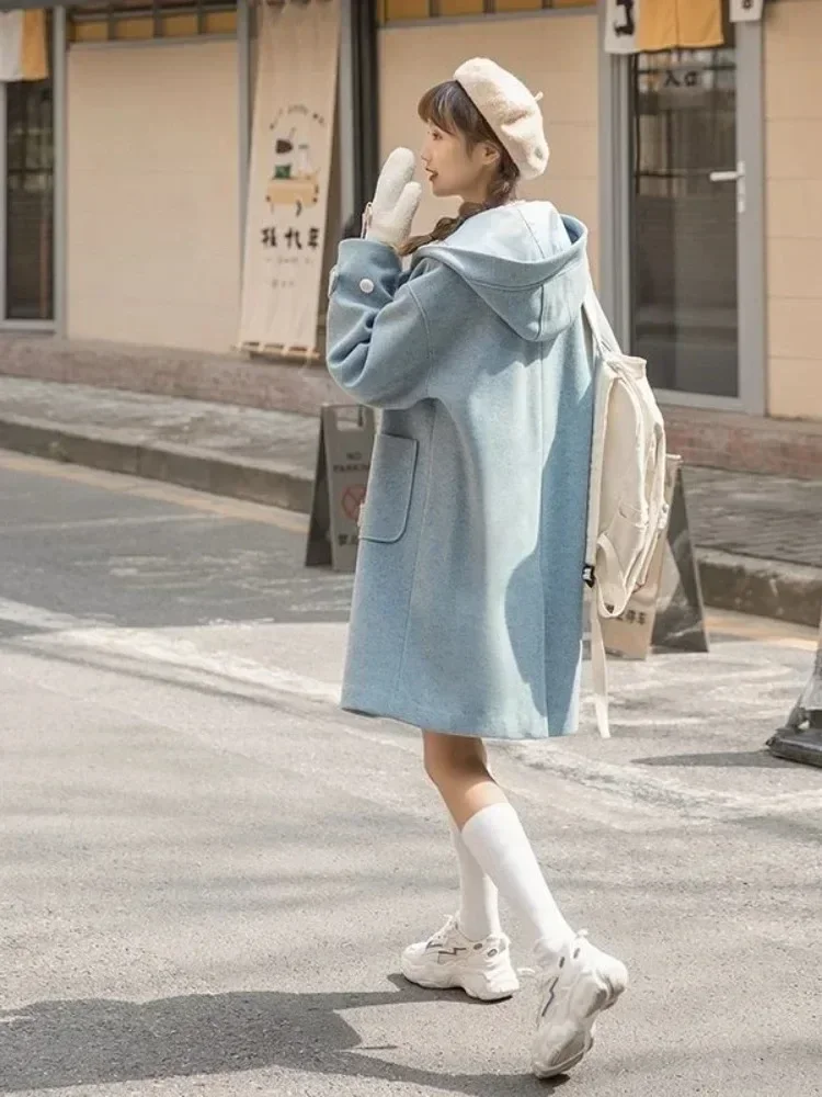 Herfst Winter Wollen Trenchcoat Koreaanse Preppy Oversize Cowl Gesp Lange Tweed Jas Jassen Vrouwen Kawaii Capuchon Wollen Uitloper